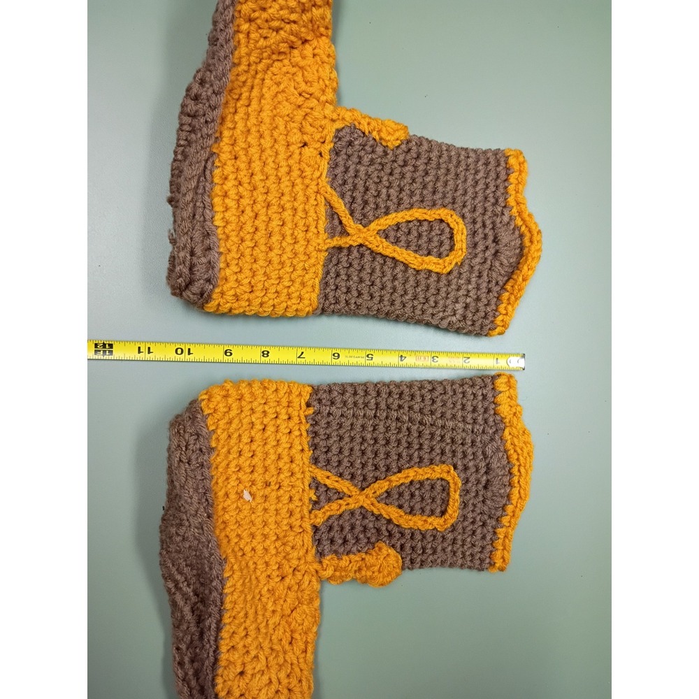 Handmade Crochet Slipper Boots Brown Yellow Knit House Shoes Mid Calf